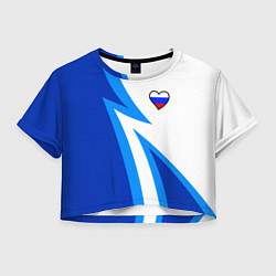 Футболка 3D укороченная женская Флаг России в сердечке - синий, цвет: 3D-принт