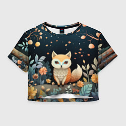 Футболка 3D укороченная женская Фэнтезийная лисичка в лесу фолк-арт, цвет: 3D-принт