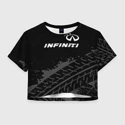 Футболка 3D укороченная женская Infiniti speed на темном фоне со следами шин посер, цвет: 3D-принт