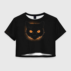 Футболка 3D укороченная женская Портрет черного кота в оранжевом свечении, цвет: 3D-принт