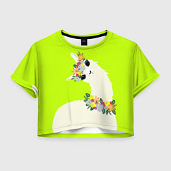 Футболка 3D укороченная женская Летняя лама - альпака в венке, цвет: 3D-принт