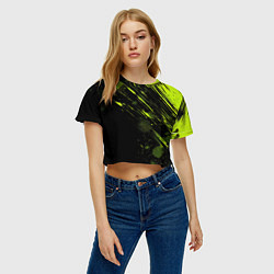 Футболка 3D укороченная женская Зеленая краска на черном фоне, цвет: 3D-принт — фото 2