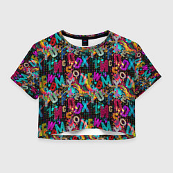 Футболка 3D укороченная женская Multicolored english letters, цвет: 3D-принт