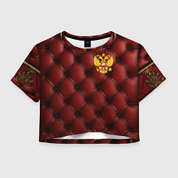Футболка 3D укороченная женская Золотой герб России на красном кожаном фоне, цвет: 3D-принт