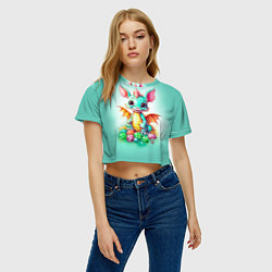Футболка 3D укороченная женская Зеленый дракончик с новогодними игрушками, цвет: 3D-принт — фото 2