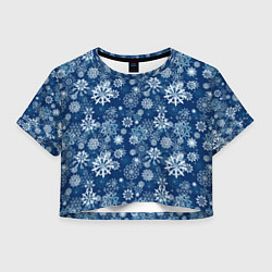Футболка 3D укороченная женская Snowflakes on a blue background, цвет: 3D-принт