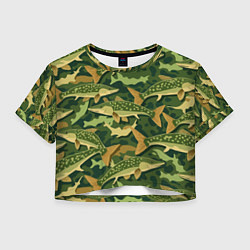 Футболка 3D укороченная женская Камуфляж рыболова - рыба щука, цвет: 3D-принт