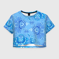 Футболка 3D укороченная женская Цветы и узоры гжель, цвет: 3D-принт