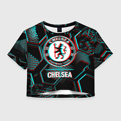 Футболка 3D укороченная женская Chelsea FC в стиле glitch на темном фоне, цвет: 3D-принт