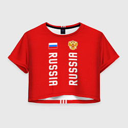 Футболка 3D укороченная женская Россия три полоски на красном фоне, цвет: 3D-принт