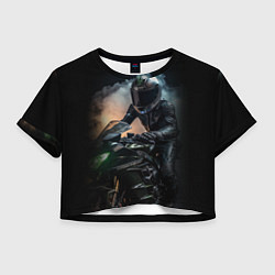 Футболка 3D укороченная женская Мотоциклист на мотоцикле, цвет: 3D-принт