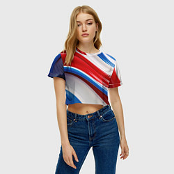 Футболка 3D укороченная женская Объемные волны абстракции красно-сине-белые, цвет: 3D-принт — фото 2