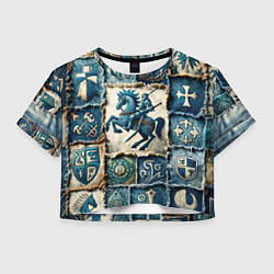 Футболка 3D укороченная женская Рыцарь на пэчворк дениме, цвет: 3D-принт