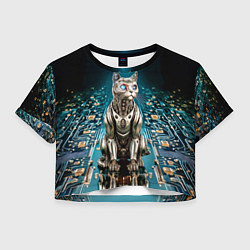 Футболка 3D укороченная женская Кибер кот сидит на печатной плате, цвет: 3D-принт
