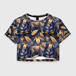 Футболка 3D укороченная женская Леопард с золотыми листьями паттерны, цвет: 3D-принт