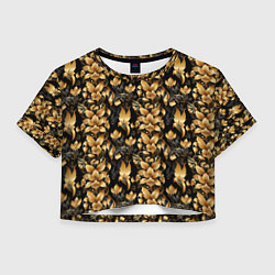 Футболка 3D укороченная женская Золотые листья на черном фоне, цвет: 3D-принт