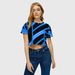 Футболка 3D укороченная женская Black and white stripes on a blue background, цвет: 3D-принт — фото 2