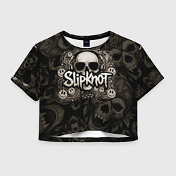 Футболка 3D укороченная женская Slipknot на фоне черепа в очках и наушниках, цвет: 3D-принт