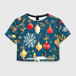 Футболка 3D укороченная женская Ёлочные игрушки и снежинки, цвет: 3D-принт