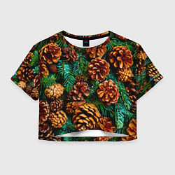 Футболка 3D укороченная женская Елочные ветки с шишками, цвет: 3D-принт