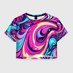 Футболка 3D укороченная женская Сине-розовый узор, цвет: 3D-принт