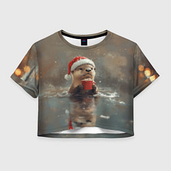 Футболка 3D укороченная женская Новогодняя выдра с кружкой кофе, цвет: 3D-принт