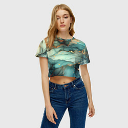 Футболка 3D укороченная женская Бирюзовый узор с оранжевыми вставками, цвет: 3D-принт — фото 2