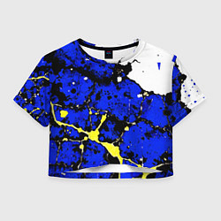 Футболка 3D укороченная женская Сине-жёлтая абстракция на белом фоне, цвет: 3D-принт