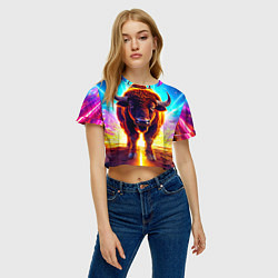 Футболка 3D укороченная женская Буйвол в неонновых лучах, цвет: 3D-принт — фото 2