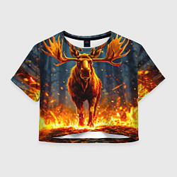 Футболка 3D укороченная женская Лось в огне, цвет: 3D-принт