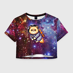 Футболка 3D укороченная женская Котик космонавт в открытом космосе, цвет: 3D-принт