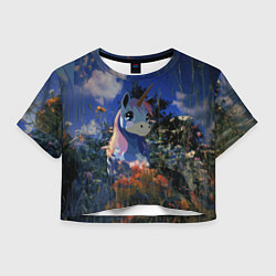 Футболка 3D укороченная женская Синий единорог в кустах, цвет: 3D-принт