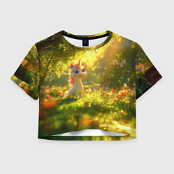 Футболка 3D укороченная женская Единорог в летнем лесу, цвет: 3D-принт