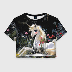 Футболка 3D укороченная женская Единорожка с золотыми копытами, цвет: 3D-принт