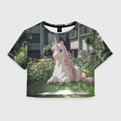 Футболка 3D укороченная женская Единорог в городе, цвет: 3D-принт