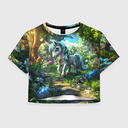 Футболка 3D укороченная женская Единорожка в дневном лесу, цвет: 3D-принт