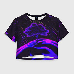 Футболка 3D укороченная женская Дерево и звездопад неоновый космос, цвет: 3D-принт