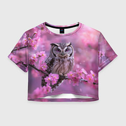 Футболка 3D укороченная женская Сова на ветке с розовыми цветами, цвет: 3D-принт