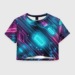 Футболка 3D укороченная женская Неоновый узор киберпанк микросхемы, цвет: 3D-принт