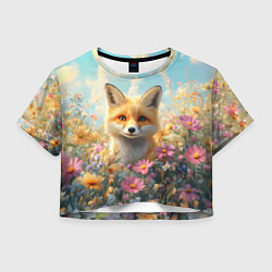 Футболка 3D укороченная женская Лиса в цветочном поле, цвет: 3D-принт
