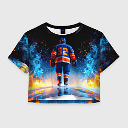 Футболка 3D укороченная женская Хоккеист в синем пламени, цвет: 3D-принт