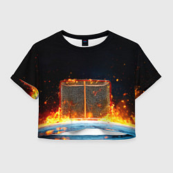 Футболка 3D укороченная женская Хоккейные ворота в огне, цвет: 3D-принт