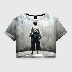 Футболка 3D укороченная женская Боец айкидо на сером, цвет: 3D-принт