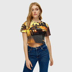 Футболка 3D укороченная женская БМВ на фоне заката, цвет: 3D-принт — фото 2