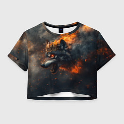 Футболка 3D укороченная женская Волк в огне и дыме, цвет: 3D-принт