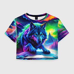 Футболка 3D укороченная женская Большой волк одинокий охотник - неоновые цвета, цвет: 3D-принт