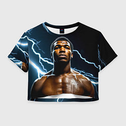 Футболка 3D укороченная женская Мухаммед Али и молния, цвет: 3D-принт