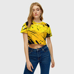 Футболка 3D укороченная женская Желтая краска на черном фоне, цвет: 3D-принт — фото 2