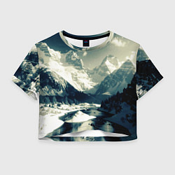 Футболка 3D укороченная женская Река и горы снежные пейзаж, цвет: 3D-принт