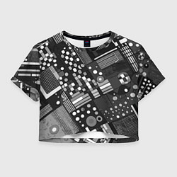 Футболка 3D укороченная женская Тёмный серый абстракция квадраты кружочки, цвет: 3D-принт